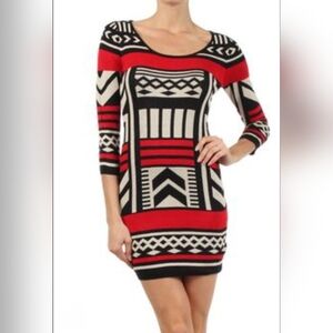 Red and Black Tribal Aztec 3/4 Sleeve Bodycon Dress